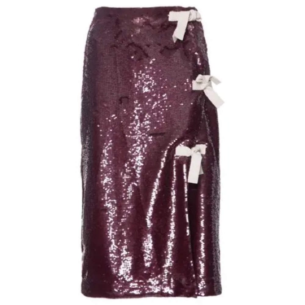 Ganni Burgundy Sequin Pencil Skirt with Bow Details